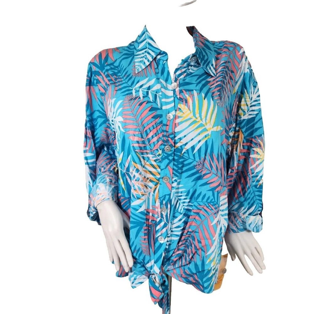 Ruby Rd Women's 2X Hot Tropics Palm Print Top Roll Tab 3/4 Sleeves (14)